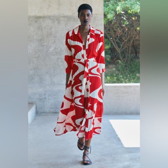 Zara Blogger’s Favourite Red & White Printed Belted Midi Shirt Dress size XL - Picture 12 of 15